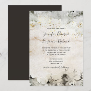 Invitation Aquarelle gris et or Mariage de montagne alpin  