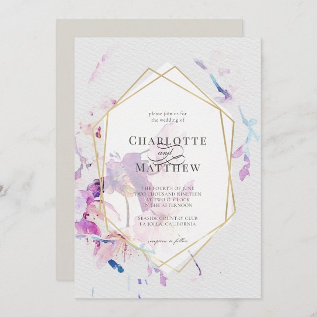 Invitation Aquarelle gris et violet Mariage de cadre or Flora (Devant / Derrière)