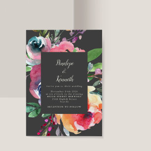 Invitation Aquarelle Gris Gras Floral Élégant Mariage Script
