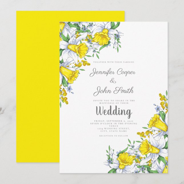 Invitation Aquarelle Gris Jaune Mariage Floral (Devant / Derrière)