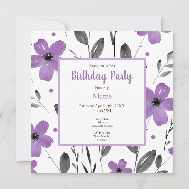 Invitation Aquarelle gris mauve Motif Floral (Devant)
