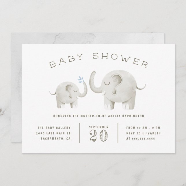 Invitation Aquarelle gris mou Baby shower éléphant (Devant / Derrière)