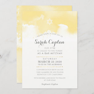 Invitation Aquarelle gris pâle jaune BAT MITZVAH