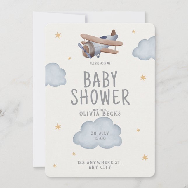 Invitation Aquarelle Grise Et Beige Baby shower (Devant)