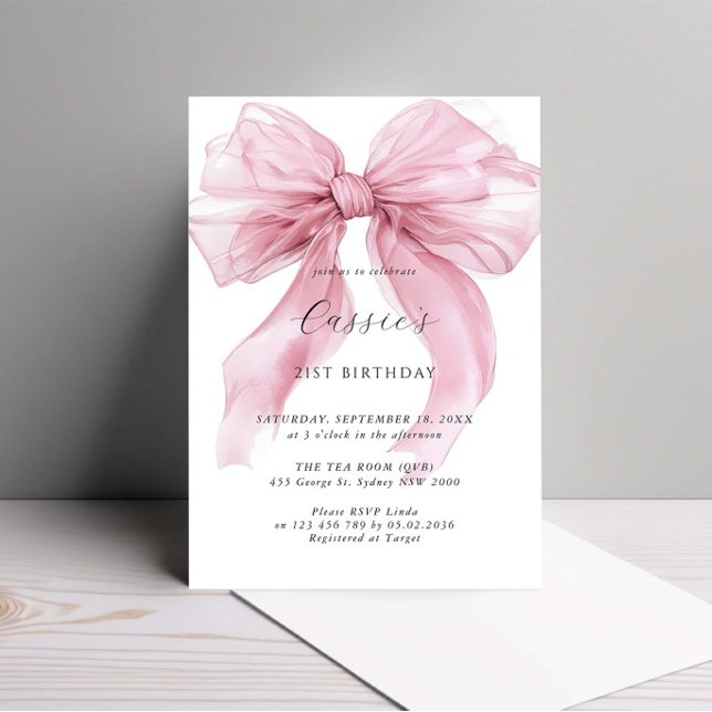 Invitation Aquarelle Gros ruban rose Bow 21e anniversaire (Créateur téléchargé)