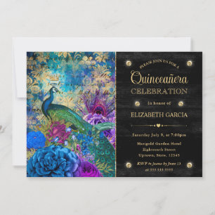 Invitation Aquarelle Grunge Paon et Fleurs Quinceanera