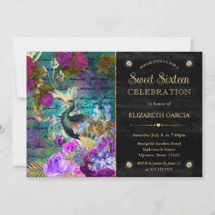 Invitation Aquarelle Grunge Peacock et Fleurs Sweet 16