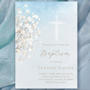 Invitation aquarelle gypsophile bébé Baptême bébé garçon