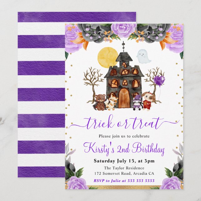 Invitation Aquarelle Halloween Animaux fête d'anniversaire (Devant / Derrière)