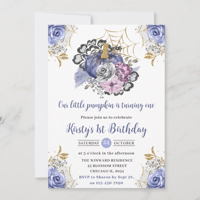 Invitation Aquarelle Halloween Floral Citrouilles 1er anniver (Devant)