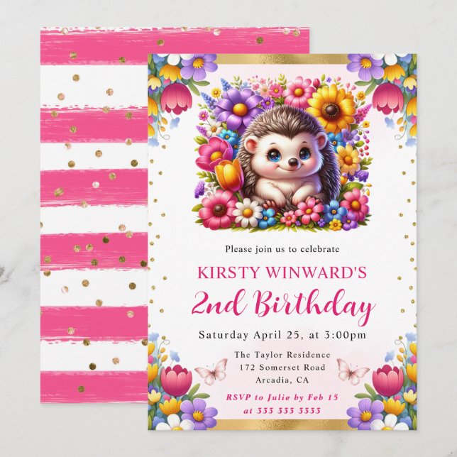 Invitation Aquarelle Hérisson de Pâques Fleurs de printemps A (Devant / Derrière)