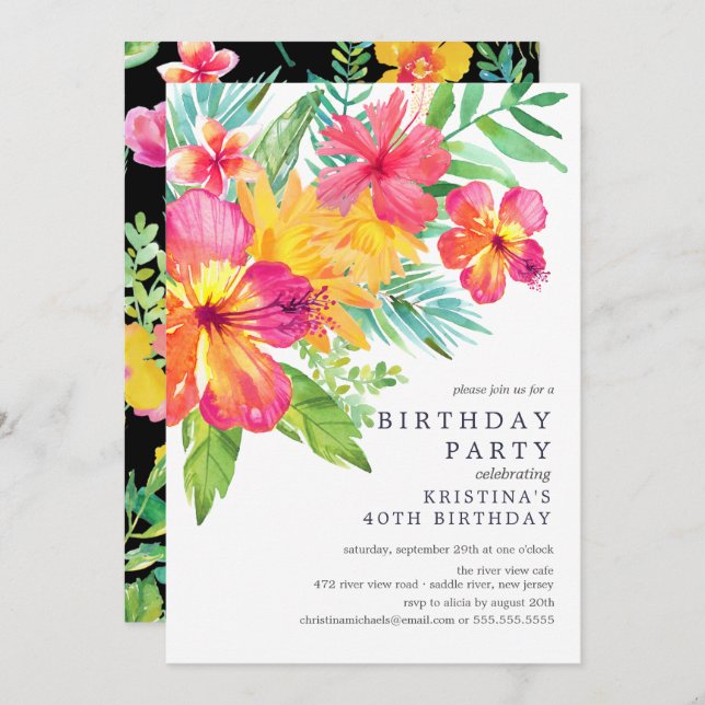 Invitation Aquarelle Hibiscus Floral Tropical Anniversaire (Devant / Derrière)