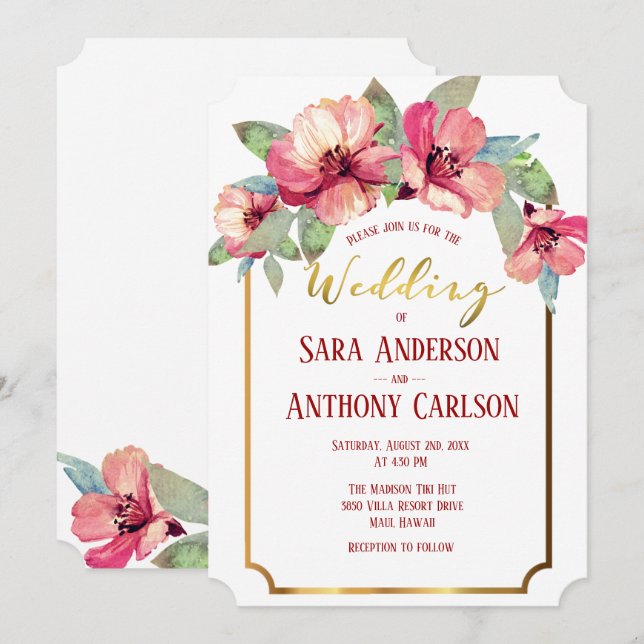Invitation Aquarelle Hibiscus Gold Foil Mariage tropical (Devant / Derrière)