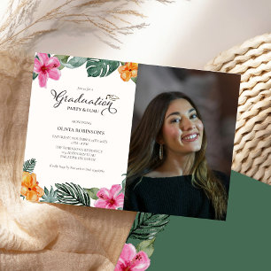 Invitation Aquarelle Hibiscus Tropical Luau Graduation Photo