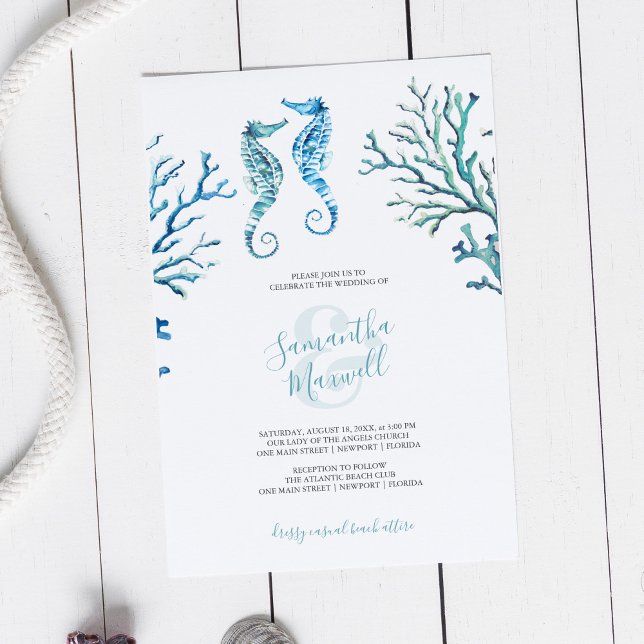 Invitation aquarelle Hippocampe Bleu Turquoise Déc (Beach wedding invitations template with seahorse watercolor art by Victoria Grigaliunas)