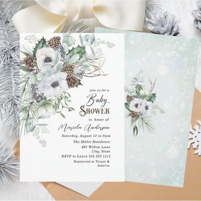 Invitation Aquarelle Hiver Anémones Baby shower Fleurs (Créateur téléchargé)