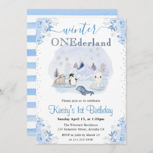 Invitation Aquarelle Hiver Animaux arctiques 1er anniversaire