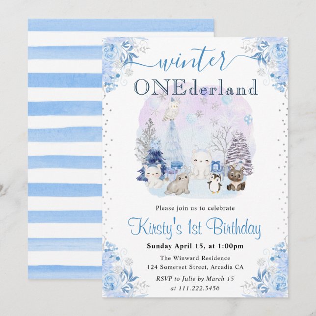 Invitation Aquarelle Hiver Animaux arctiques 1er anniversaire (Devant / Derrière)
