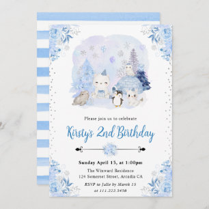 Invitation Aquarelle Hiver Animaux de l'Arctique Fête d'anniv
