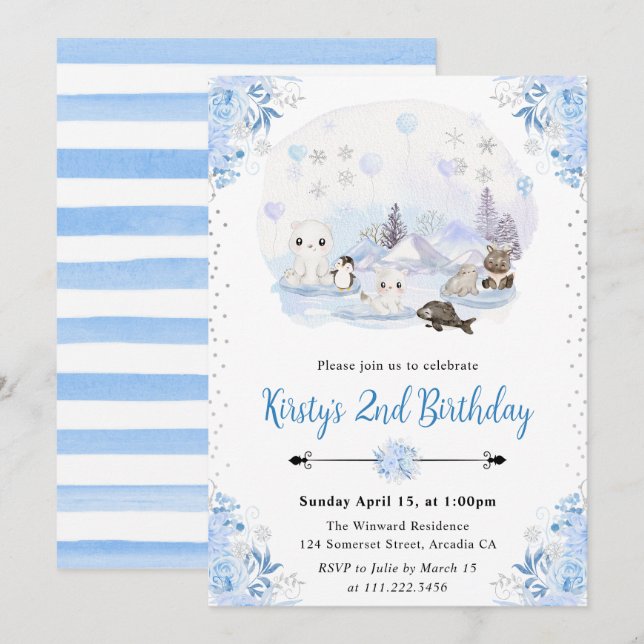 Invitation Aquarelle Hiver Animaux de l'Arctique Fête d'anniv (Devant / Derrière)