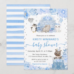 Invitation Aquarelle Hiver Baby shower des animaux de l'Arcti