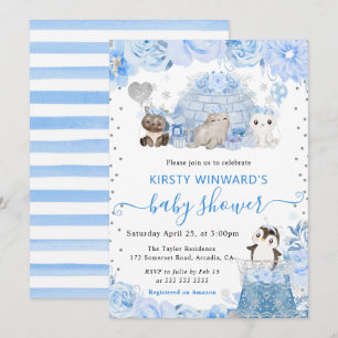 Invitation Aquarelle Hiver Baby shower des animaux de l'Arcti