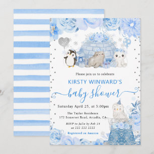 Invitation Aquarelle Hiver Baby shower des animaux de l'Arcti