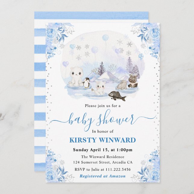 Invitation Aquarelle Hiver Baby shower des animaux de l'Arcti (Devant / Derrière)