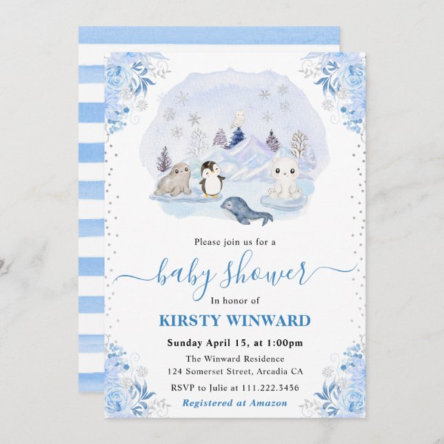 Invitation Aquarelle Hiver Baby shower des animaux de l'Arcti (Devant / Derrière)