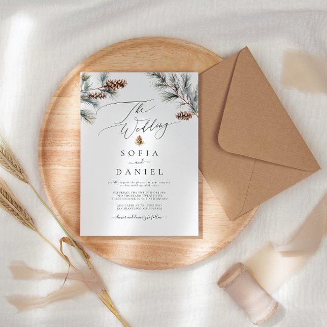 Invitation Aquarelle hiver épinette brindilles Mariage de côn (Créateur téléchargé)