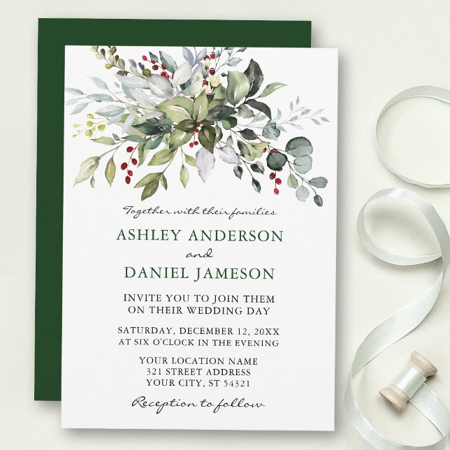 Invitation Aquarelle Hiver Mariage de verdure (Customize to change text size, style or color of back of card.)