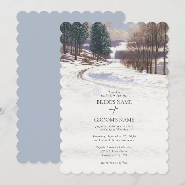 Invitation Aquarelle Hiver Mariage paysage neige (Devant / Derrière)