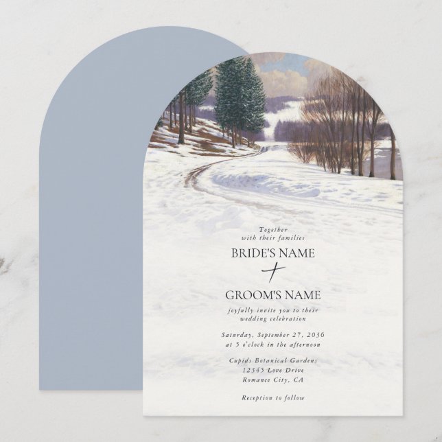 Invitation Aquarelle Hiver Mariage paysage neige (Devant / Derrière)