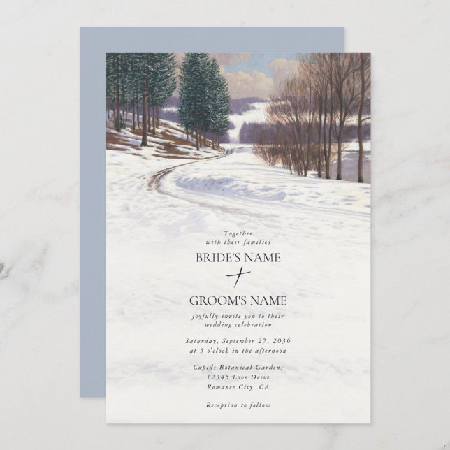 Invitation Aquarelle Hiver Mariage paysage neige (Devant / Derrière)