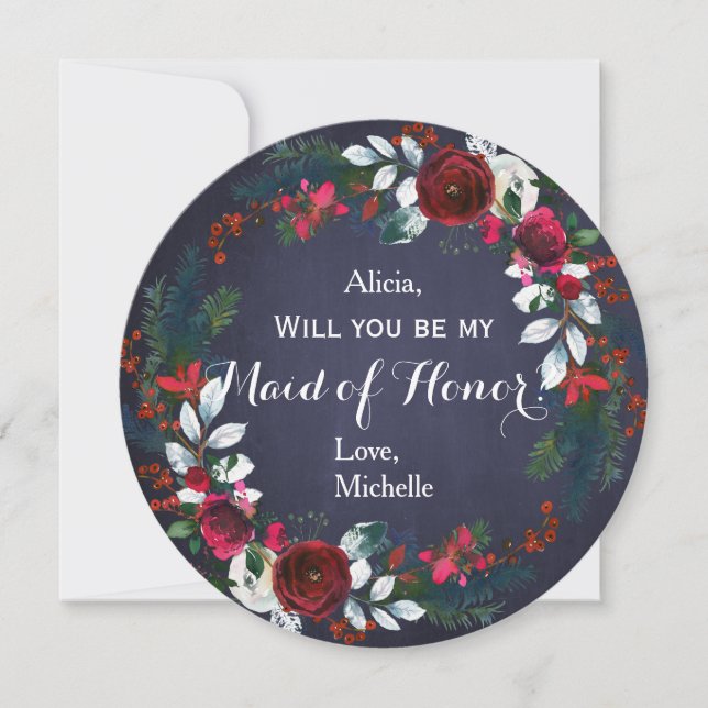 Invitation Aquarelle Hiver Peonies rouges Wreath Maid of Hono (Devant)