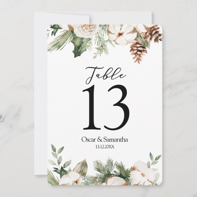 Invitation Aquarelle Hiver Pin vert Arbre et Fleurs blanches (Devant)