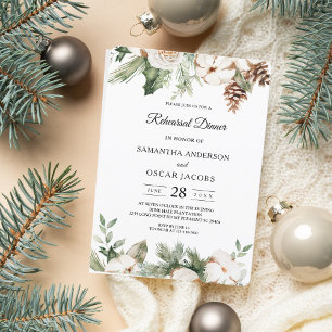 Invitation Aquarelle Hiver Pin vert Arbre et Fleurs blanches