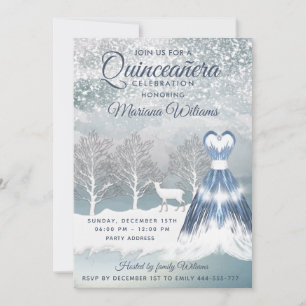 Invitation Aquarelle hiver scène bleu robe Quinceañera