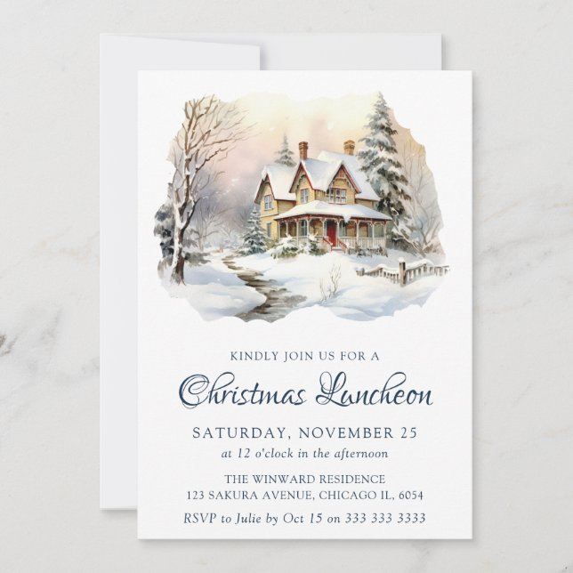 Invitation Aquarelle Hiver Snowy Scene Déjeuner de Noël (Devant)