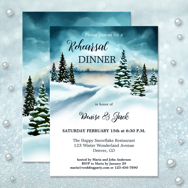 Invitation Aquarelle hiver Wonderland Pine Dîner de répétitio (Winter rehearsal dinner invitation featuring a watercolor winter wonderland scene with pine trees)