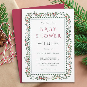Invitation Aquarelle Holly Berry Frame Baby shower