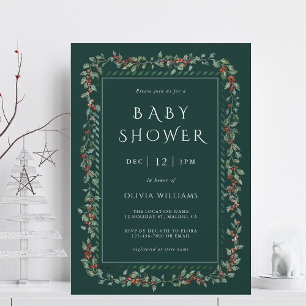 Invitation Aquarelle Holly Berry Frame Baby shower Garçon Ver