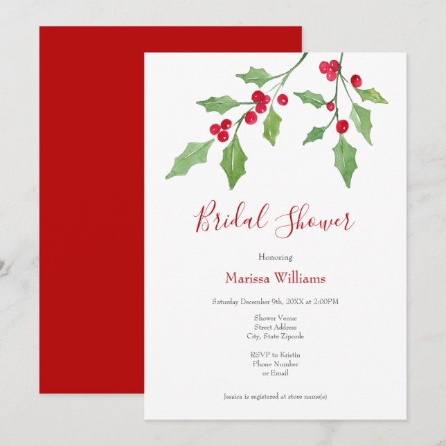 Invitation Aquarelle Holly Sprigs (Devant / Derrière)