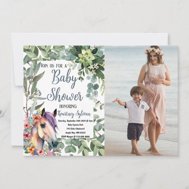 Invitation Aquarelle Horse Floral Baby shower photo personnal (Devant)