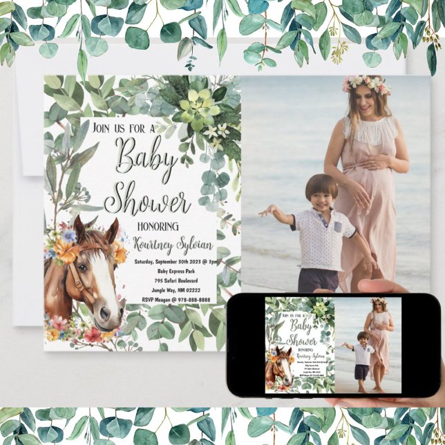 Invitation Aquarelle Horse Floral Baby shower photo personnal (Beautiful horse themed baby shower invitation, printed, via download or both.)