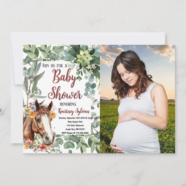 Invitation Aquarelle Horse Floral Baby shower photo personnal (Devant)