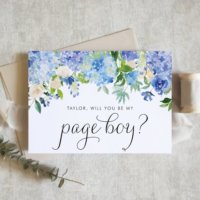 Invitation Aquarelle Hortensia Bleu Veux-Tu Être Mon Garçon D (Blue hydrangea and white rose page boy card with greenery accents for romantic floral weddings.)