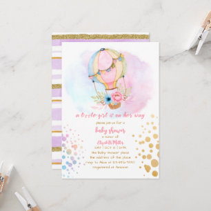 Invitation Aquarelle Hot Air Balloon Baby Girl Douche