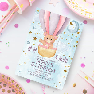 Invitation Aquarelle Hot Air Balloon Ours Girl Anniversaire