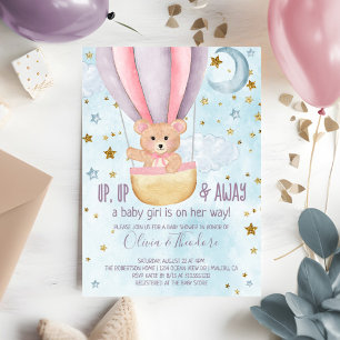 Invitation Aquarelle Hot Air Balloon Ours Girl Baby shower